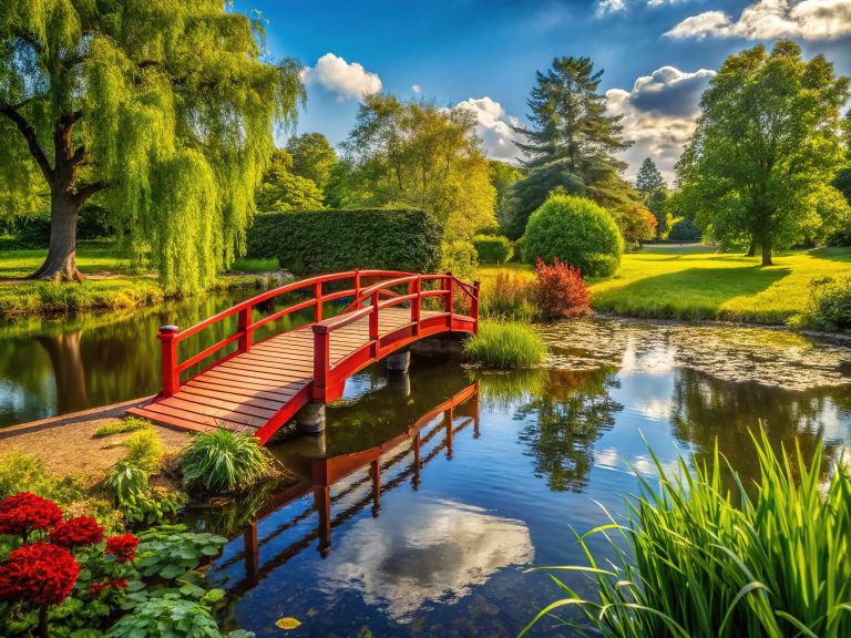 Small Red Bridge Over a Tranquil Pond in Castle Krapperup Garden, Sweden on a Warm Summer Day