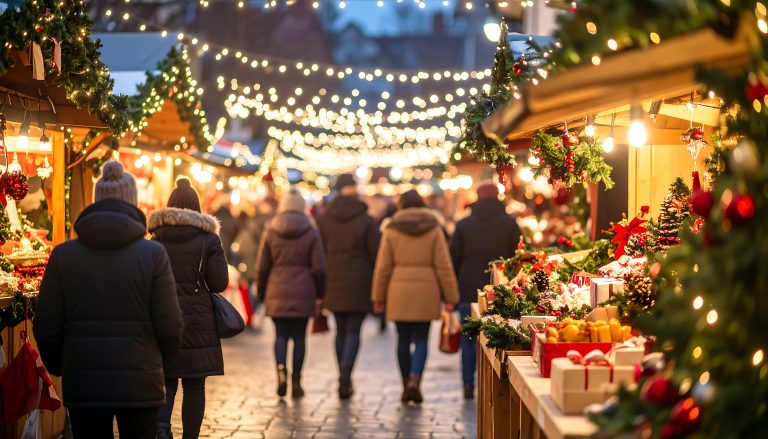 Festive Christmas market at night. People stroll amidst warm lights