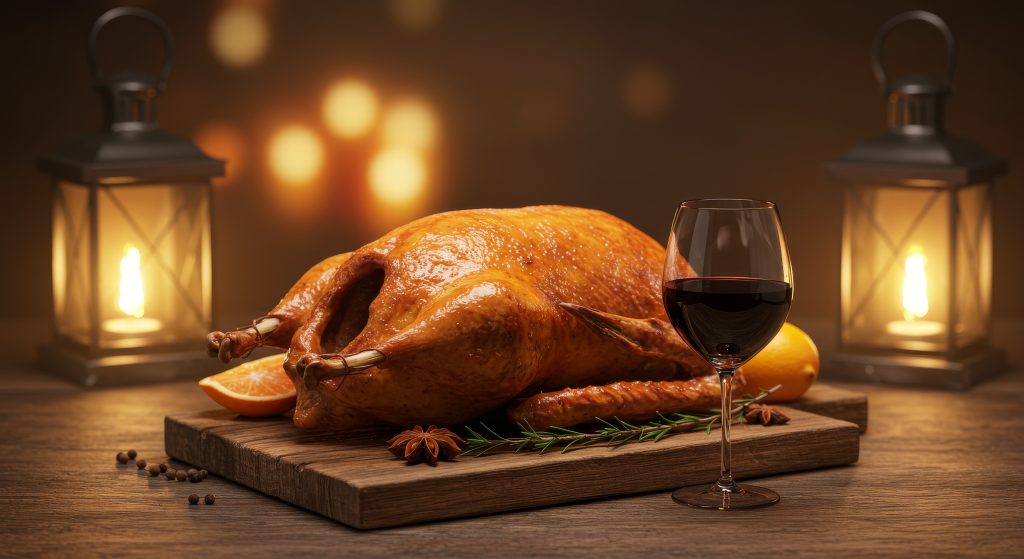 St. Martin’s Day, roasted goose on wooden board beside wine glass
