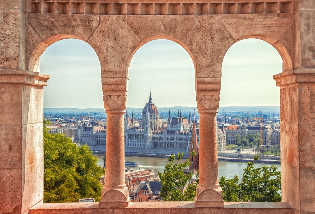 Hungary. Budapest. Parliament view through Fishermans Bastion.