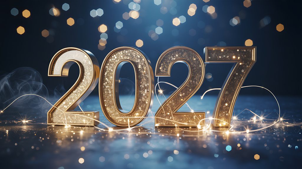 Shimmering 2027 Numerals on a Dark Background with Bokeh Lights