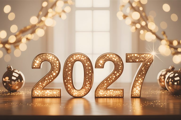Happy new year 2027 celebration decorations and lights
