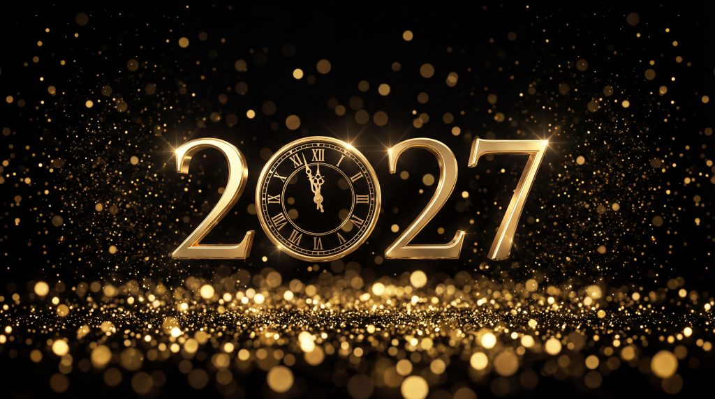 Happy New Year 2027 Countdown Concept. Gold Clock at Midnight with Glitter Sparkles. Luxury Holiday Celebration and Party Background.