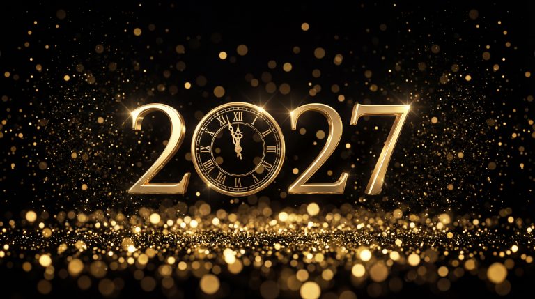 Happy New Year 2027 Countdown Concept. Gold Clock at Midnight with Glitter Sparkles. Luxury Holiday Celebration and Party Background.