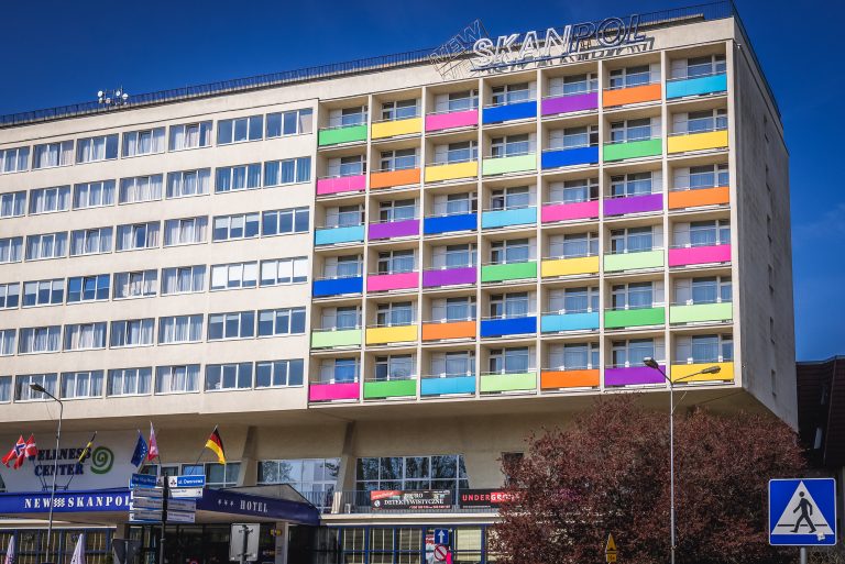 Kolobrzeg, Poland - May 12, 2017: New Skanpol Hotel in Kolobrzeg coastal city over Baltic Sea