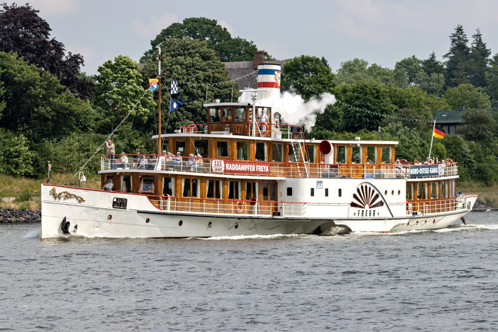 SEHESTEDT, GERMANY - JUNE 19, 2021: side-paddle steamer FREYA in the Kiel Canal