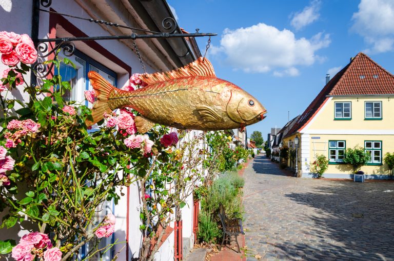 Schleswig, Germany - September 01, 2021: Historic houses in Holm fishing village in Schleswig, Germany