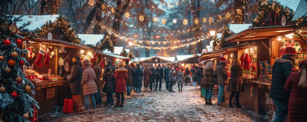 Festive Christmas market bustling with people, colorful stalls selling holiday goods, twinkling lights and decorations, joyful atmosphere, cold winter evening, copy space
