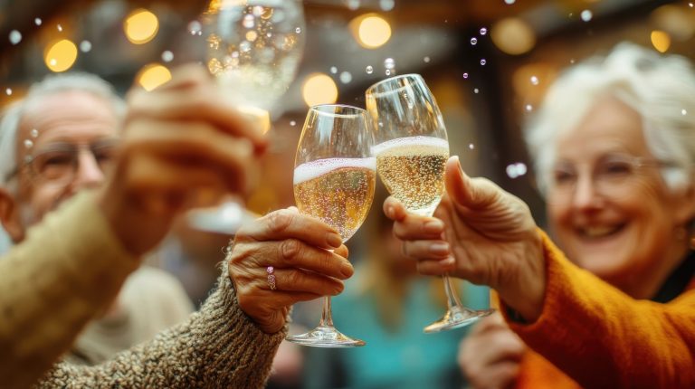 Elderly friends clink glasses of champagne as they enjoy Christmas dinner at home. Happy elderly men and women celebrating new year or christmas, drinking sparkling wine together
