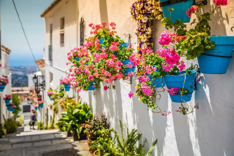 Picturesque street of Mijas with flower pots in facades. Andalus