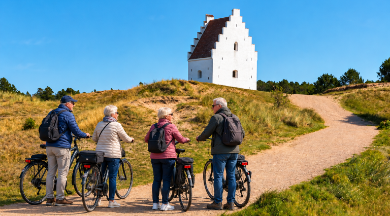 Seniorcyklister ved hvid klitkirke