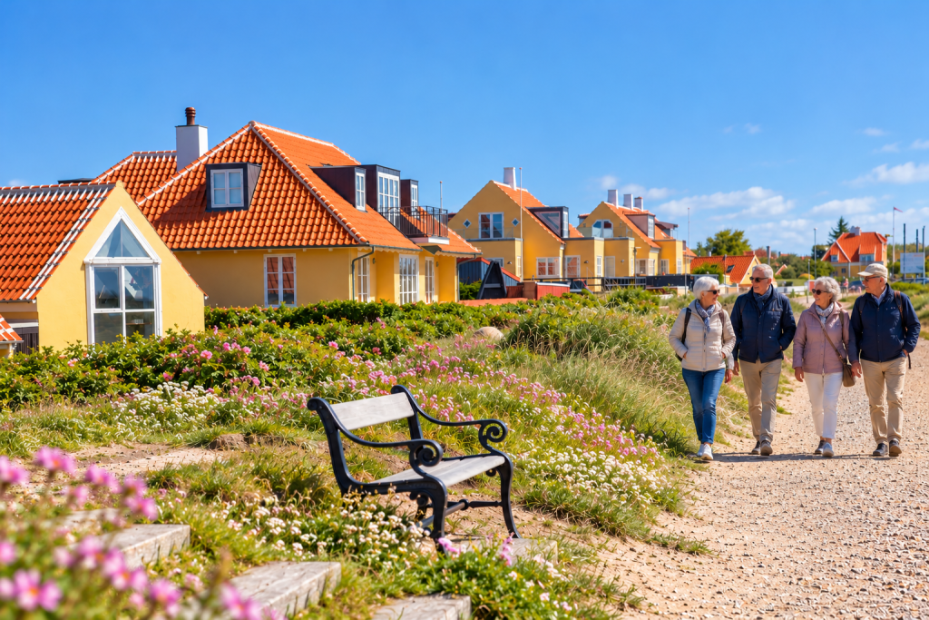 Solrig kystvandring blandt blomstrende klitter